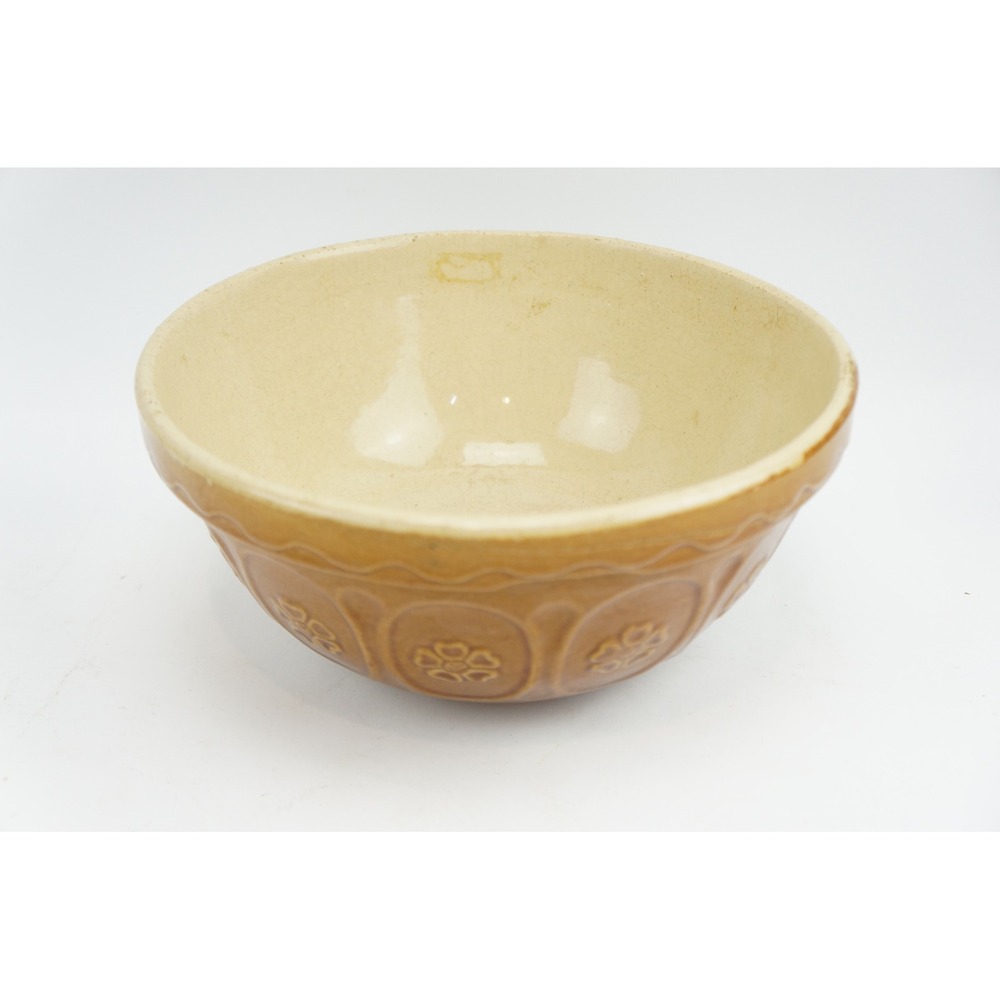 P.R. Mixing Bowl 9.5" Tan Yellow Ware Floral Embossed Made in England Good